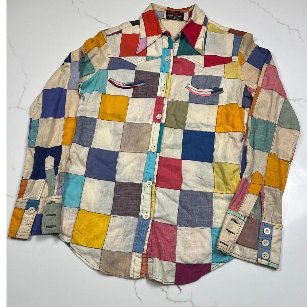 indian madres Patchwork Shirt Multi Color Cotton Vintage 60s 70s Distressed - Picture 2 of 8